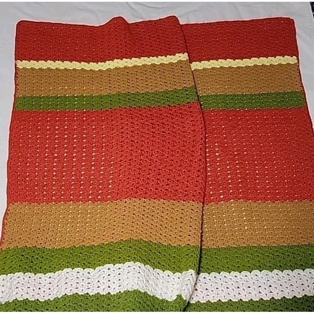 Large Handmade Crocheted Afghan, Orange Yellow Brown Green Stripes, 56 X 72
